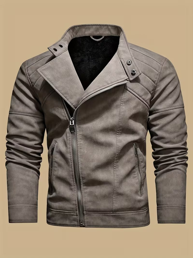 Men’s Retro Leather Moto Jacket with Large Lapel & Adjustable Sleeves