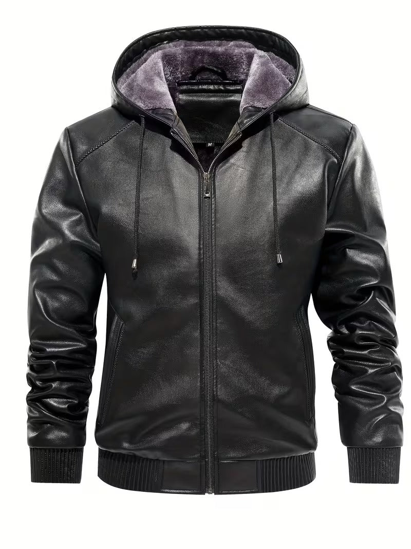 Men’s Vintage Leather Hooded Jacket – Tear-Resistant & Cozy Winter Coat