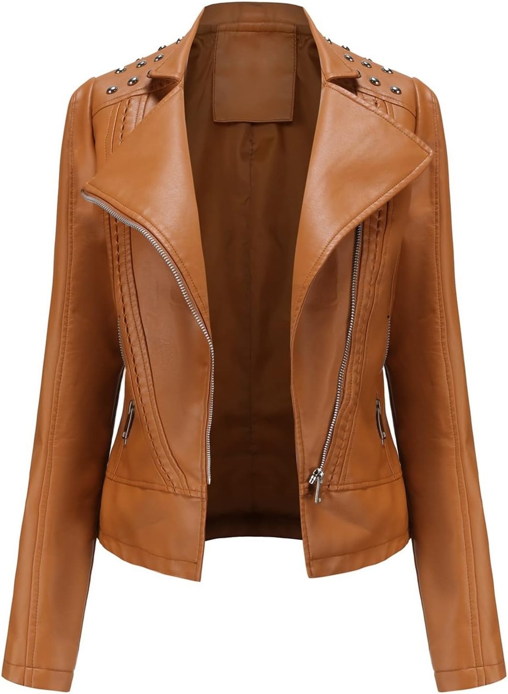 Women’s Leather Biker Jacket – Short Moto Coat with Stand Collar