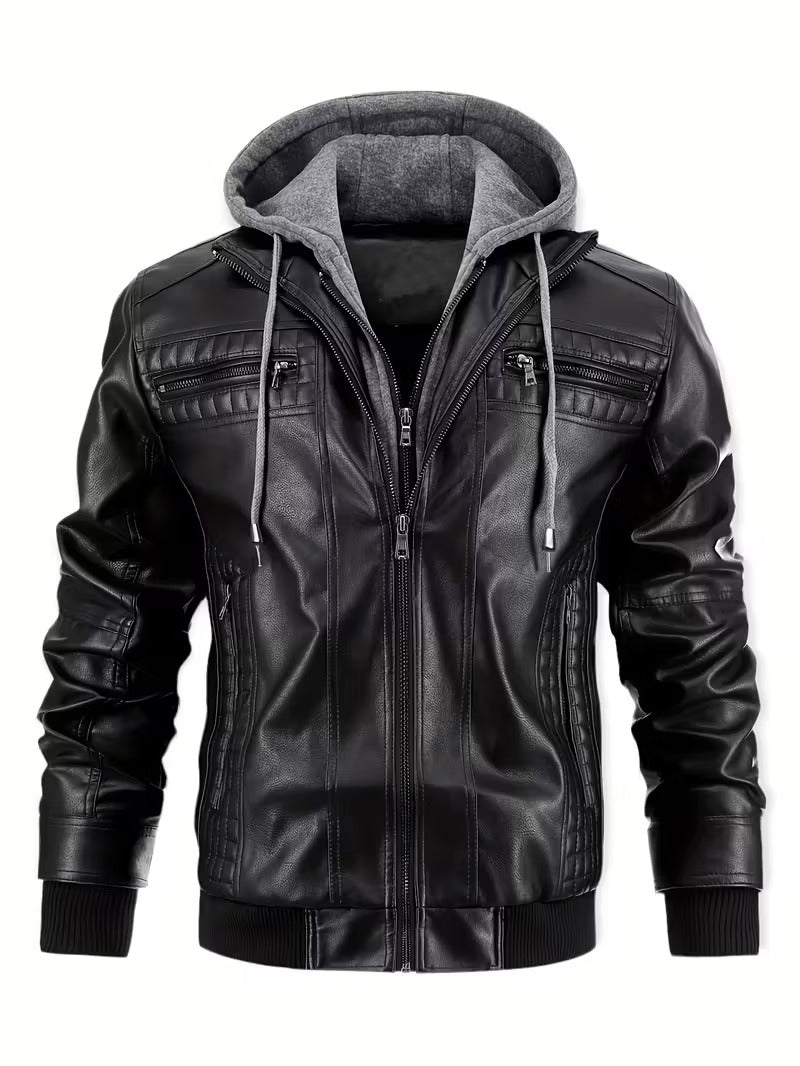 Men’s Leather Motorcycle Jacket with Removable Hood
