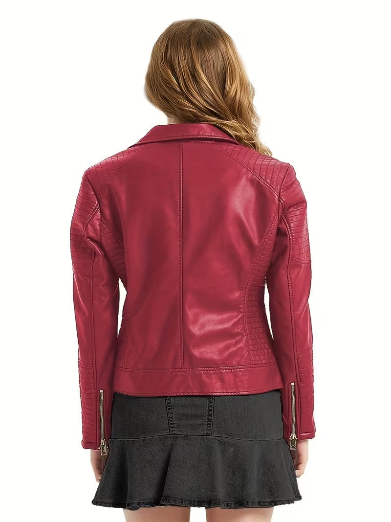 Women’s Leather-Look Short Motorcycle Jacket – Casual & Versatile Coat