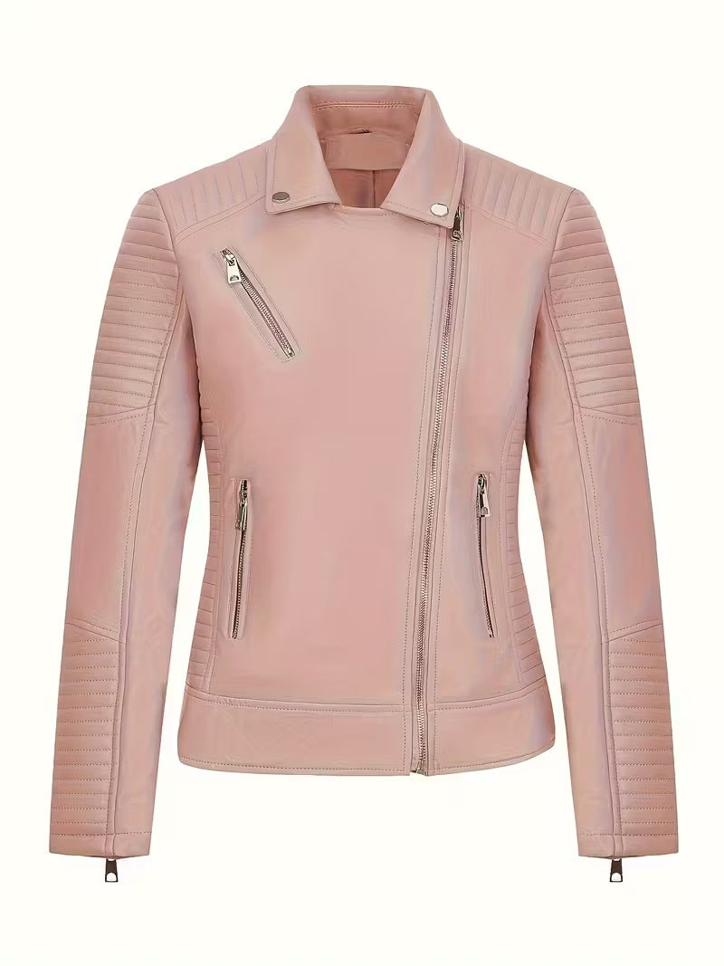 Women’s Leather-Look Short Motorcycle Jacket – Casual & Versatile Coat