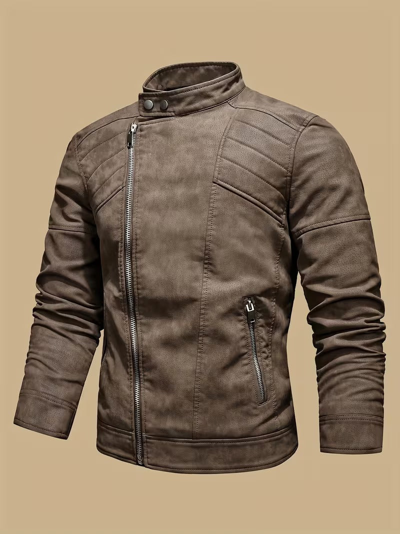 Men’s Retro Leather Moto Jacket with Large Lapel & Adjustable Sleeves