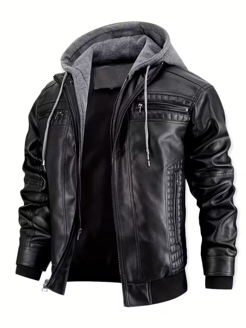 Men’s Leather Motorcycle Jacket with Removable Hood