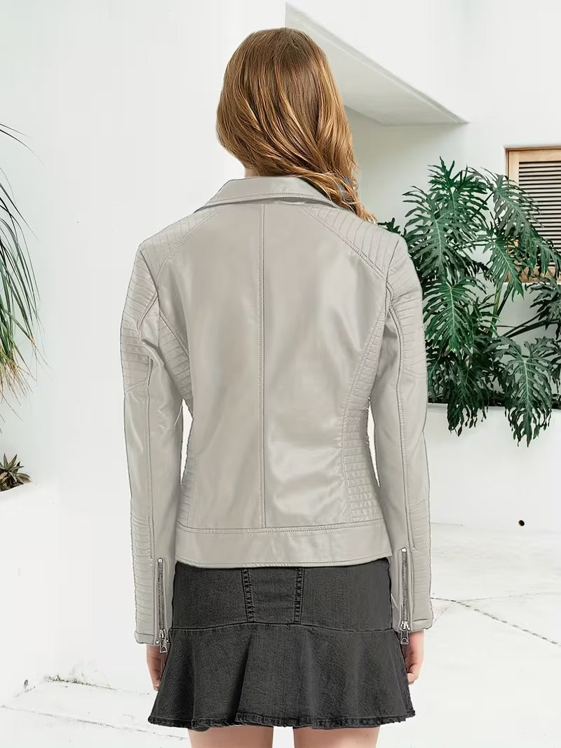 Women’s Leather-Look Short Motorcycle Jacket – Casual & Versatile Coat