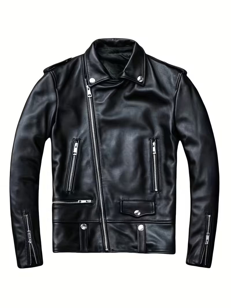 Men’s Slim-Fit Leather-Look Motorcycle Jacket – Casual Streetwear Biker Coat