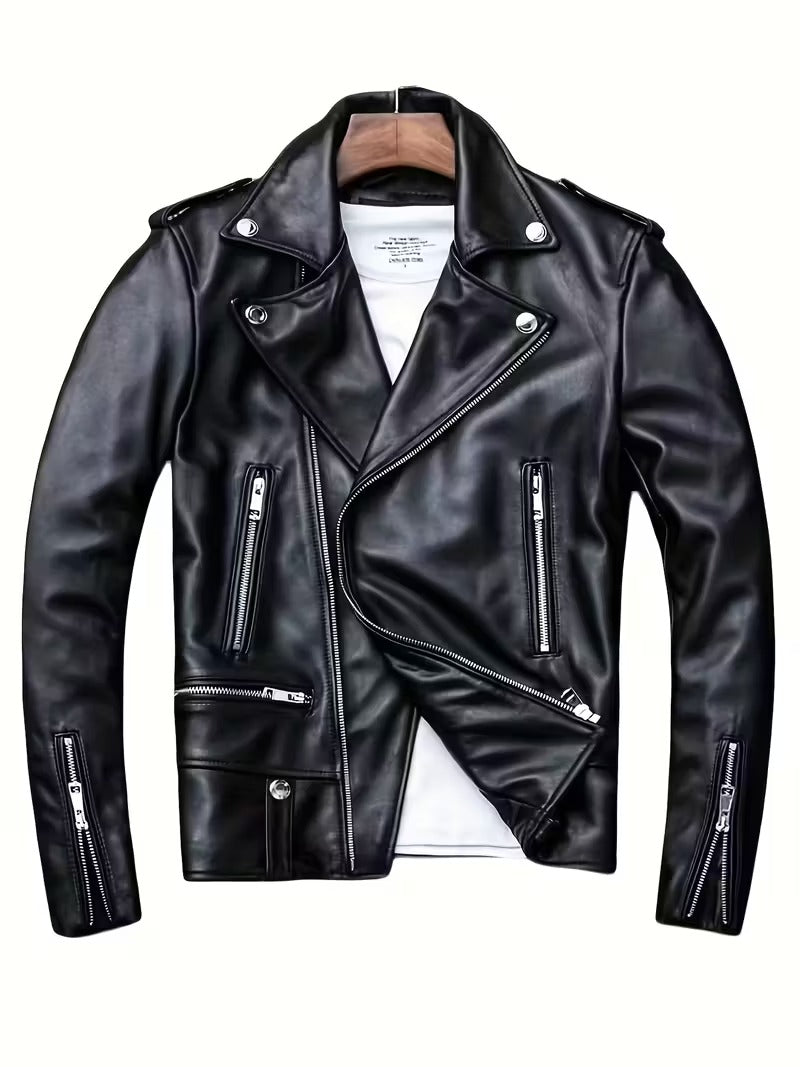 Men’s Slim-Fit Leather-Look Motorcycle Jacket – Casual Streetwear Biker Coat