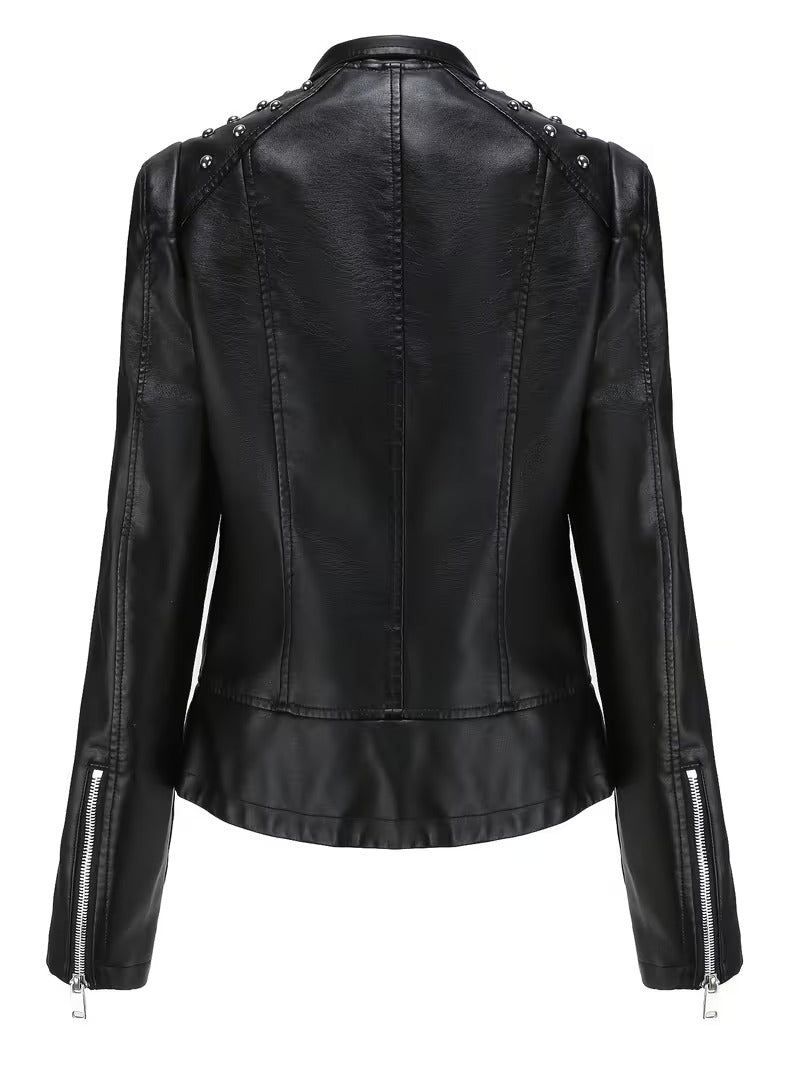 Women’s Leather Biker Jacket – Short Moto Coat with Stand Collar