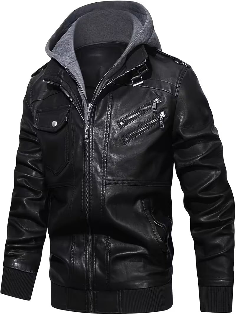 Titan Men’s Vintage Leather Moto Biker Jacket with Hood