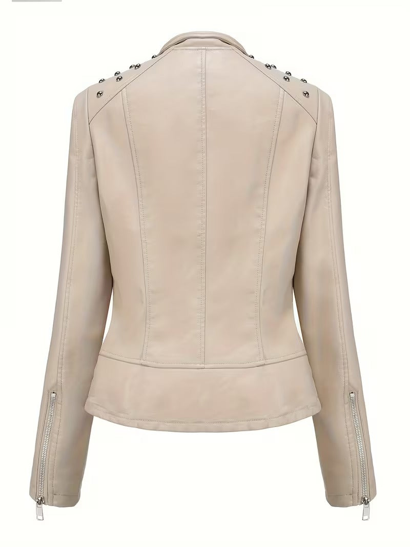 Women’s Leather Biker Jacket – Short Moto Coat with Stand Collar