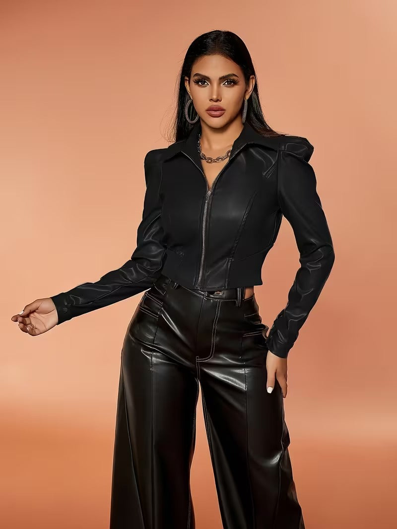 Women’s Chic Matte Leather Cropped Jacket with Ruffle Sleeves & Zipper Detail