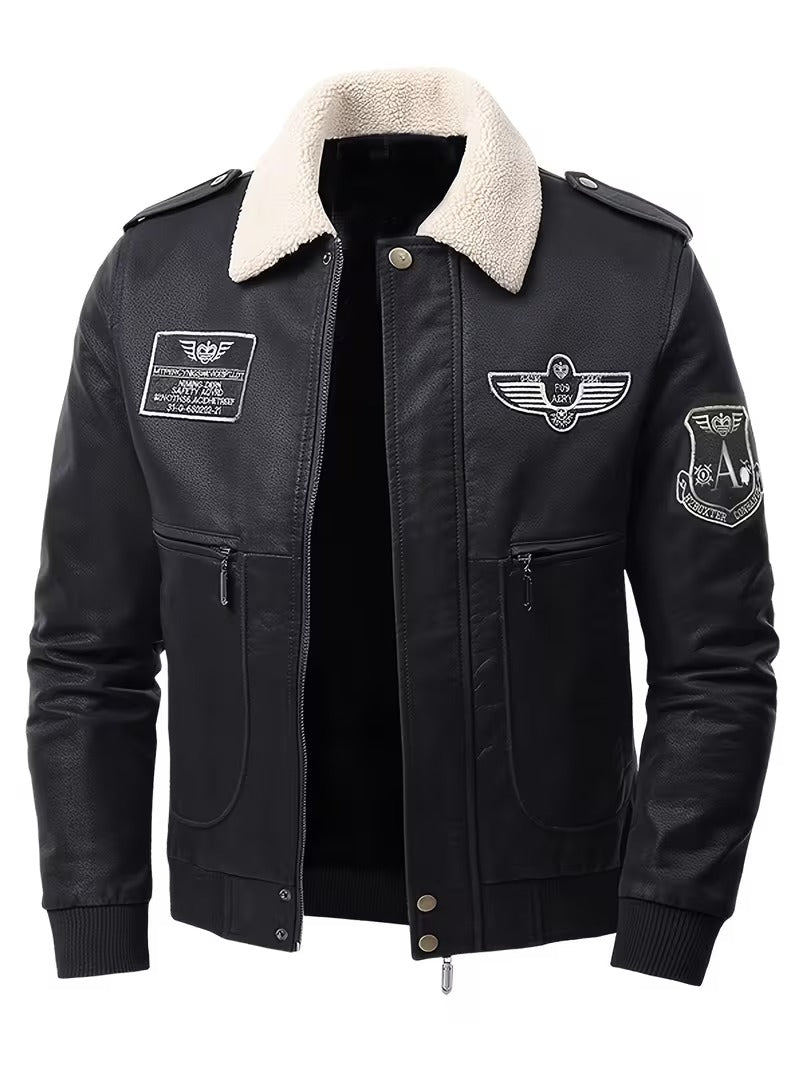 Men’s Vintage Leather Jacket – Zip-Up Casual Coat with Lapel Collar