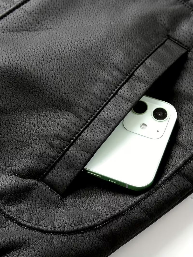 Men’s Vintage Leather Jacket – Zip-Up Casual Coat with Lapel Collar