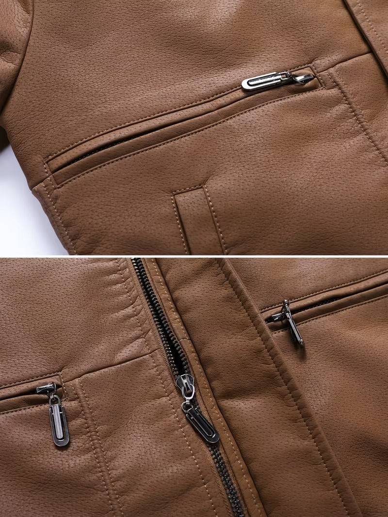 Men’s Vintage Leather Jacket – Zip-Up Casual Coat with Lapel Collar