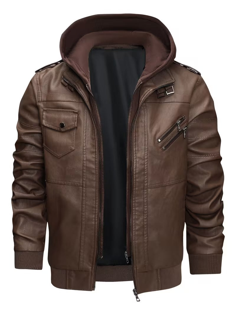 Titan Men’s Vintage Leather Moto Biker Jacket with Hood