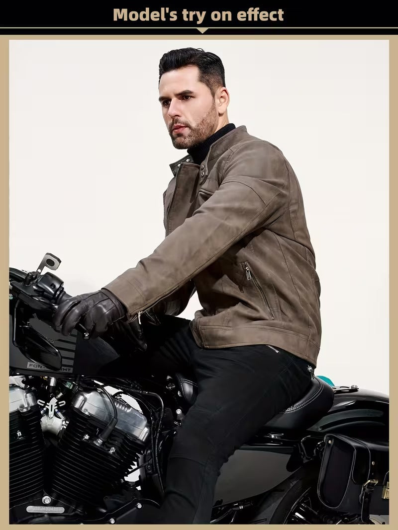 Men’s Retro Leather Moto Jacket with Large Lapel & Adjustable Sleeves