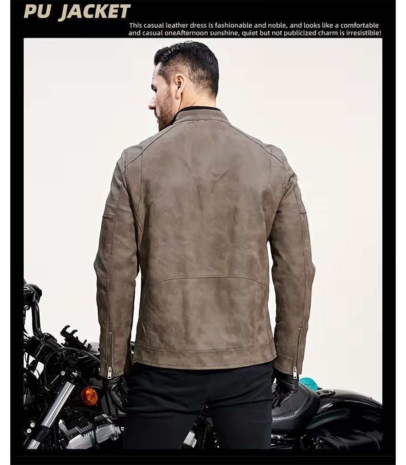 Men’s Retro Leather Moto Jacket with Large Lapel & Adjustable Sleeves