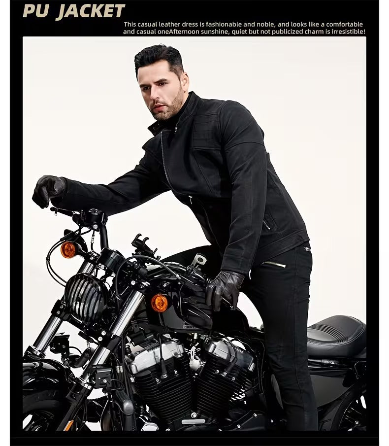 Men’s Retro Leather Moto Jacket with Large Lapel & Adjustable Sleeves