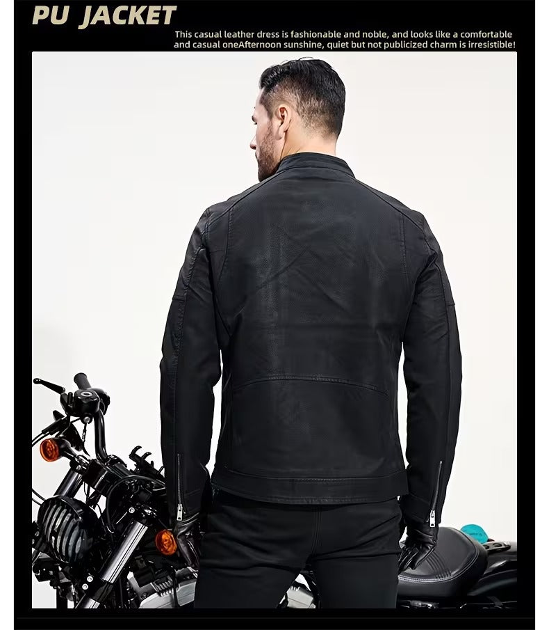 Men’s Retro Leather Moto Jacket with Large Lapel & Adjustable Sleeves