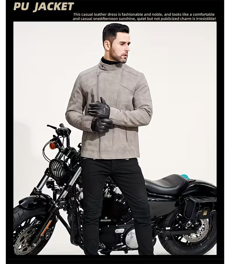 Men’s Retro Leather Moto Jacket with Large Lapel & Adjustable Sleeves