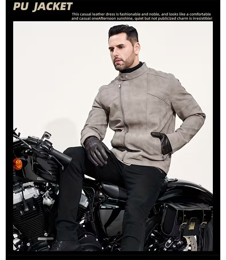 Men’s Retro Leather Moto Jacket with Large Lapel & Adjustable Sleeves