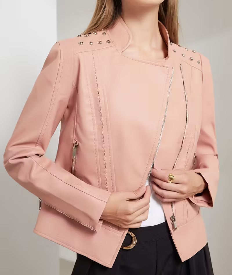 Women’s Leather Biker Jacket – Short Moto Coat with Stand Collar