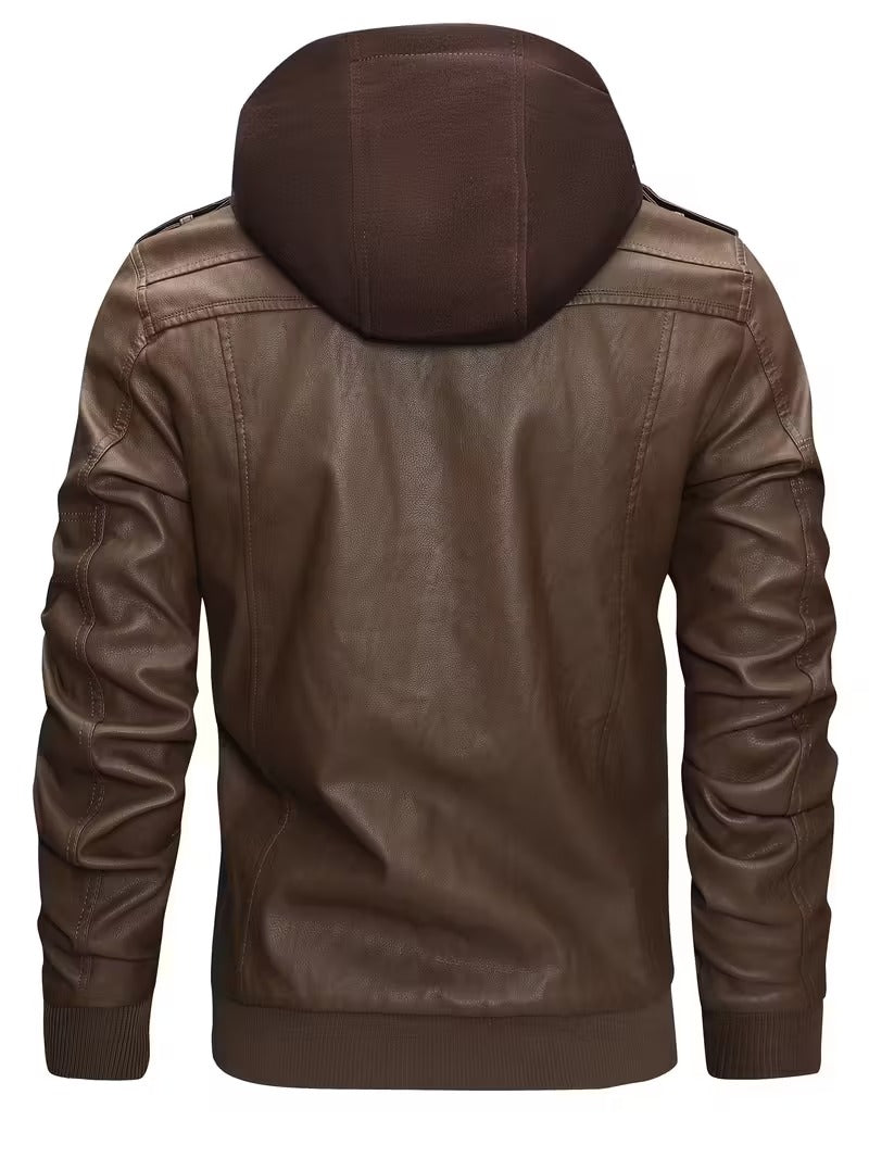Titan Men’s Vintage Leather Moto Biker Jacket with Hood