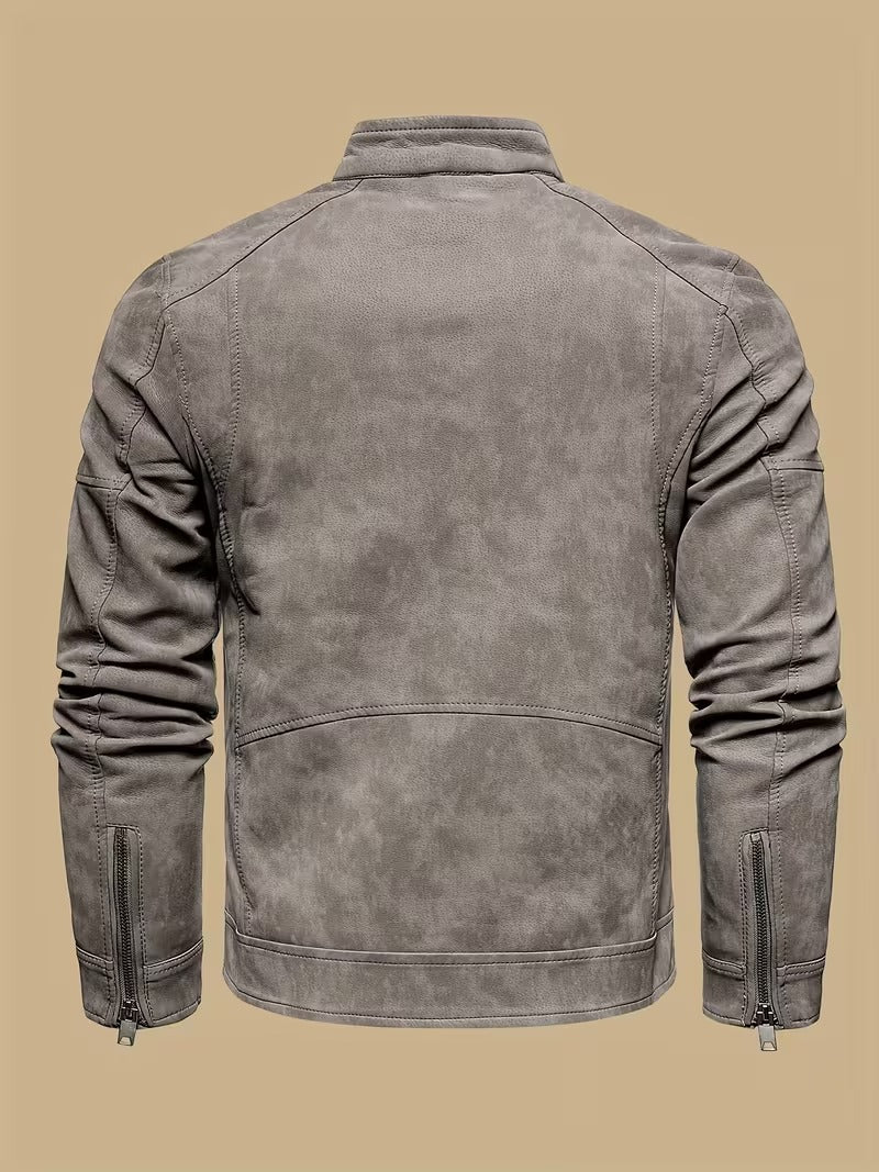 Men’s Retro Leather Moto Jacket with Large Lapel & Adjustable Sleeves