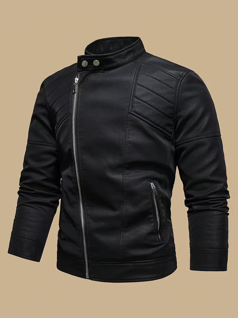 Men’s Retro Leather Moto Jacket with Large Lapel & Adjustable Sleeves