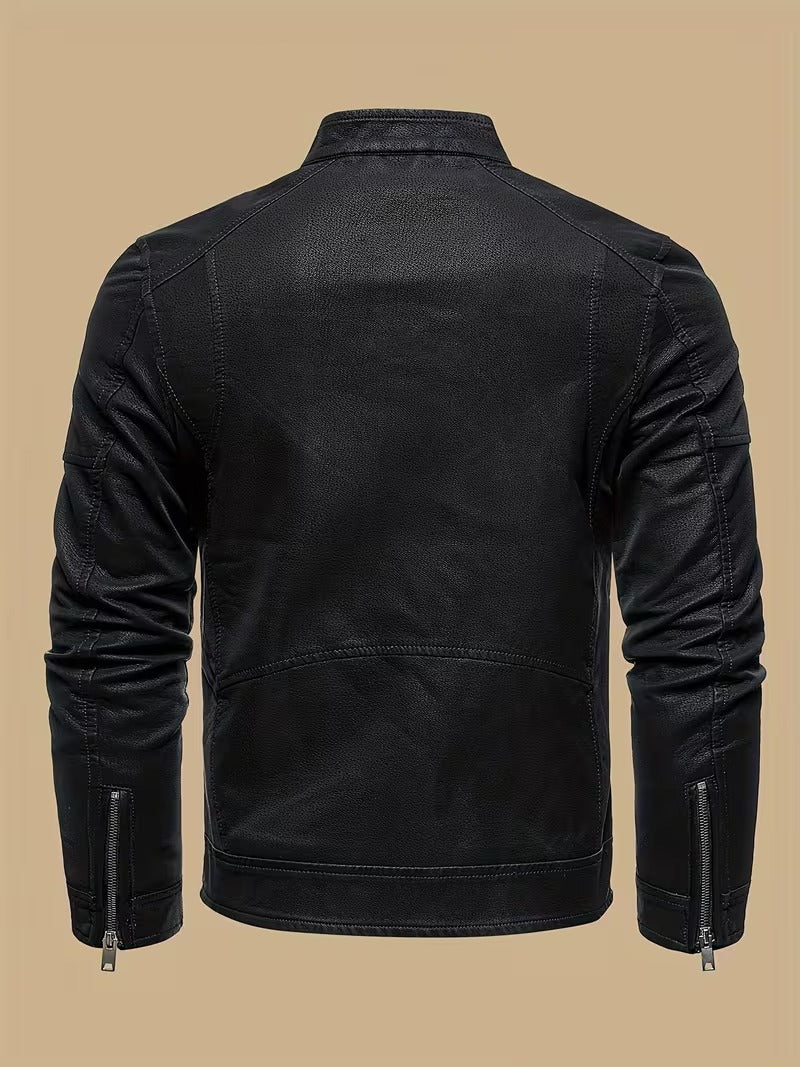 Men’s Retro Leather Moto Jacket with Large Lapel & Adjustable Sleeves