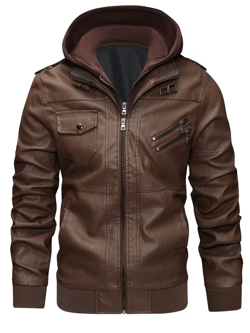 Titan Men’s Vintage Leather Moto Biker Jacket with Hood