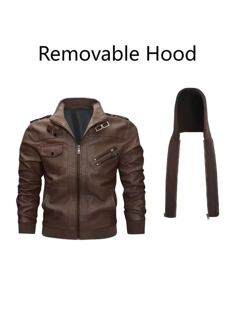 Titan Men’s Vintage Leather Moto Biker Jacket with Hood