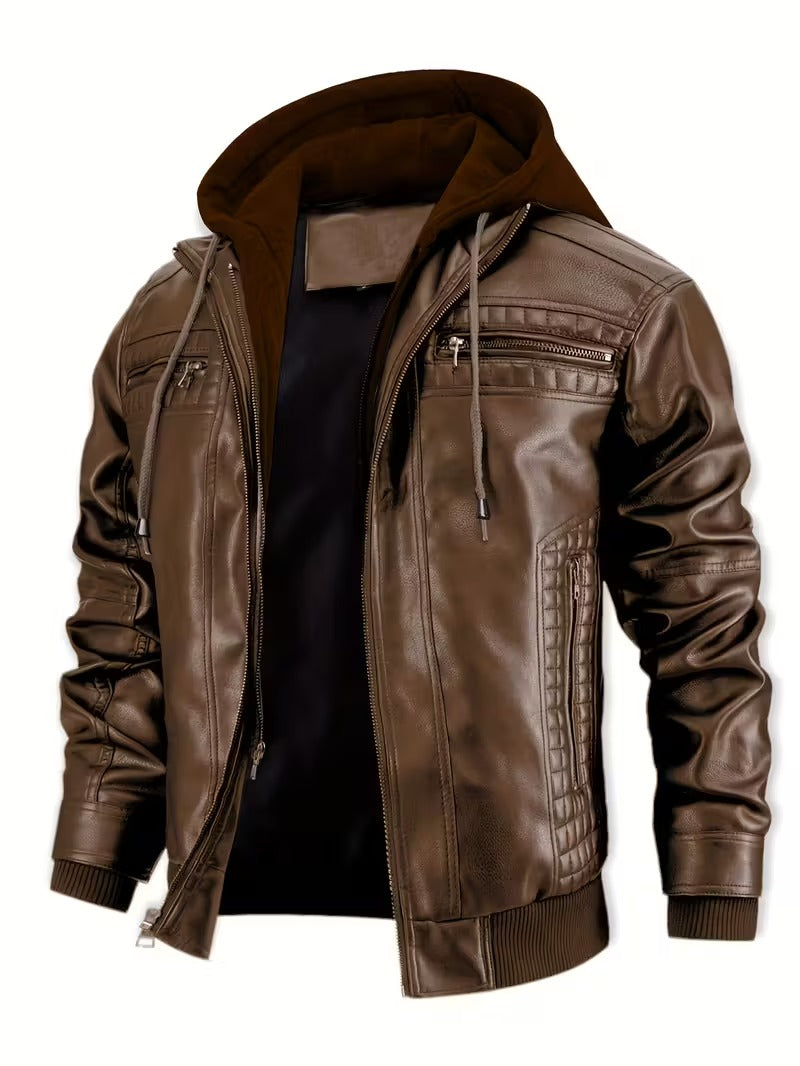 Men’s Leather Motorcycle Jacket with Removable Hood