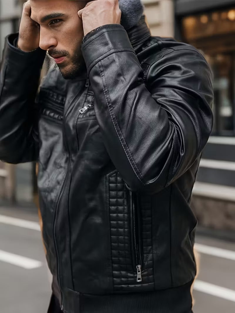 Men’s Leather Motorcycle Jacket with Removable Hood