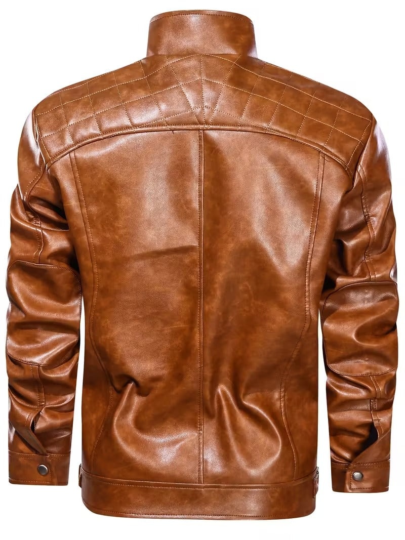 Men’s Leather Biker Jacket – Casual Moto Style with Zipper Pockets