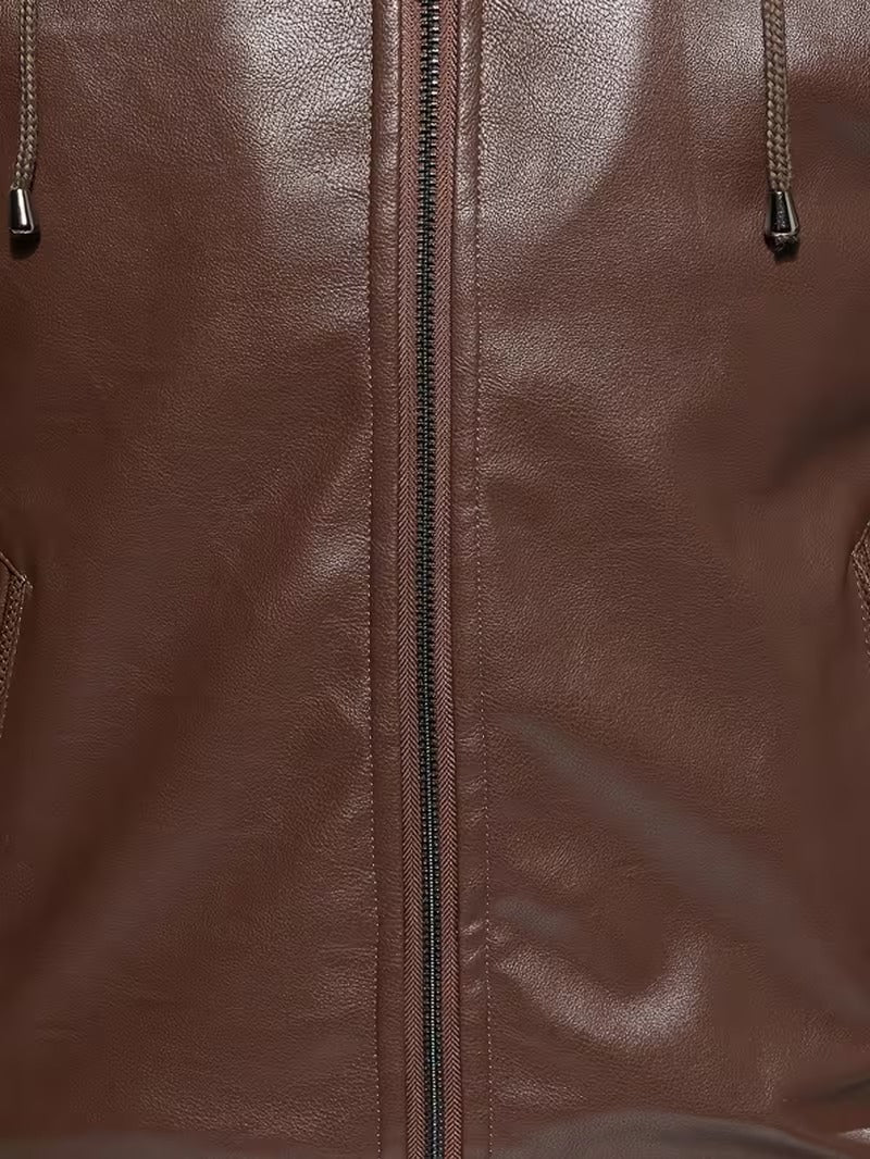 Men’s Vintage Leather Hooded Jacket – Tear-Resistant & Cozy Winter Coat