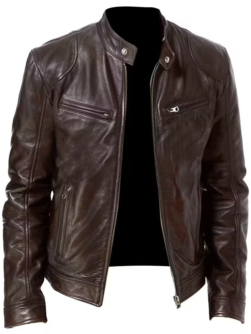 Men’s Vintage Full-Zip Motorcycle Jacket – Heavy-Duty Leather Look Coat
