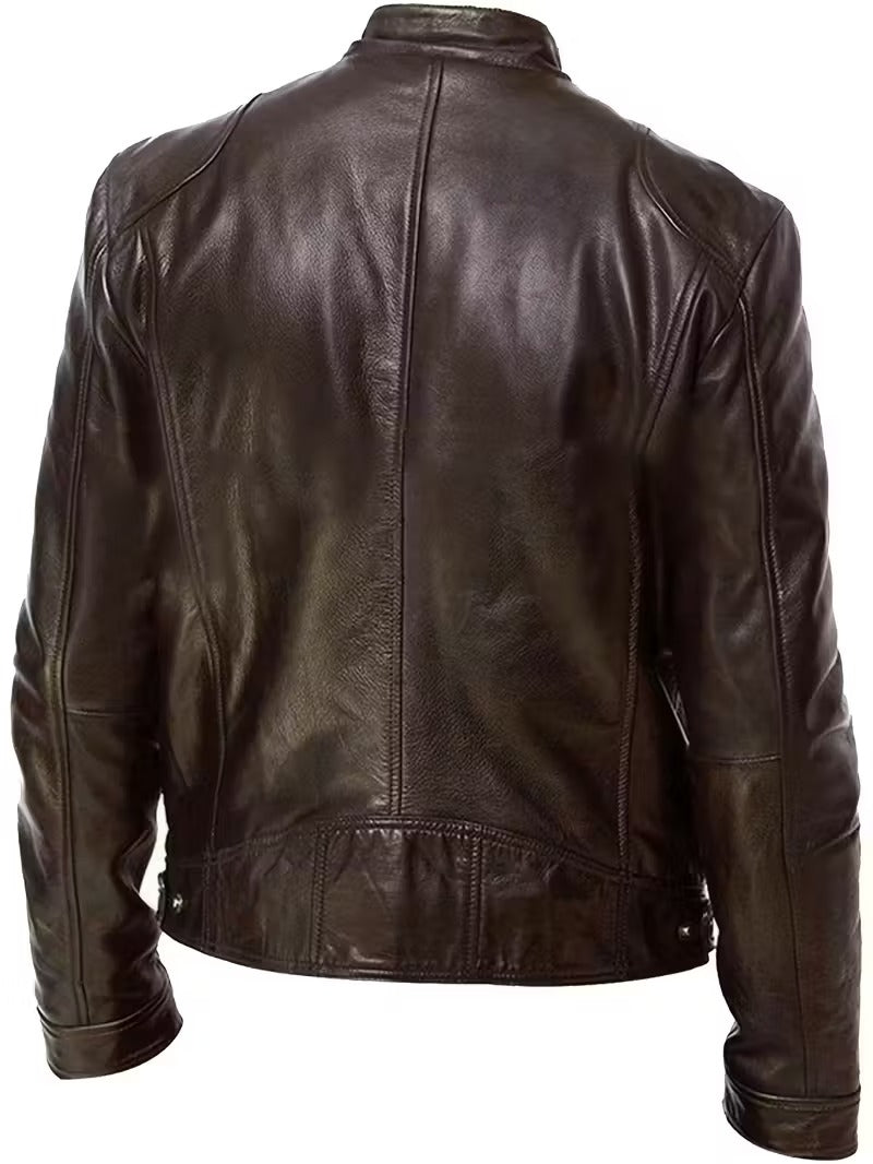 Men’s Vintage Full-Zip Motorcycle Jacket – Heavy-Duty Leather Look Coat