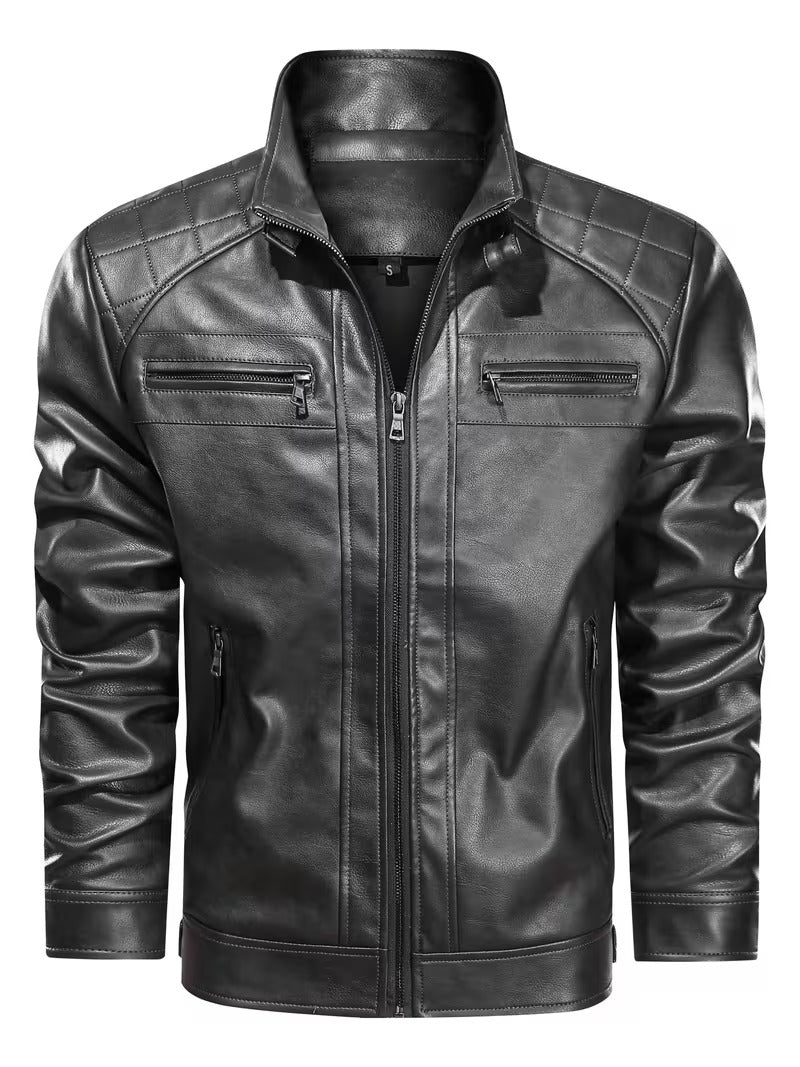 Men’s Leather Biker Jacket – Casual Moto Style with Zipper Pockets