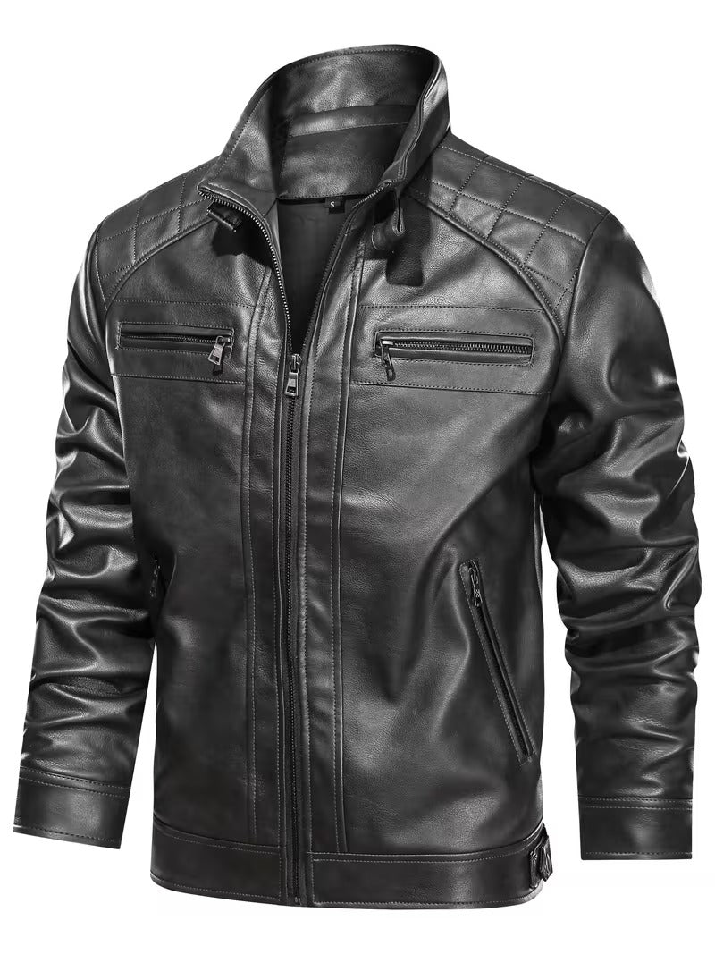 Men’s Leather Biker Jacket – Casual Moto Style with Zipper Pockets