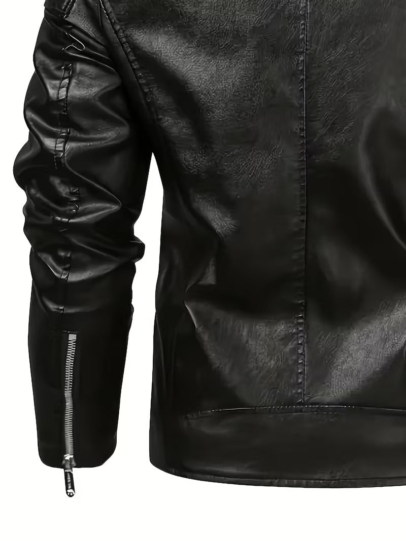 Men’s Black Leather Motorcycle Jacket – Windproof Full-Zip Biker Coat