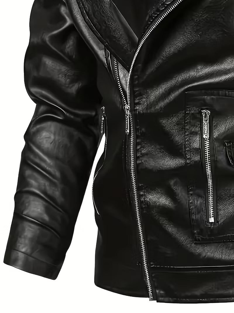 Men’s Black Leather Motorcycle Jacket – Windproof Full-Zip Biker Coat