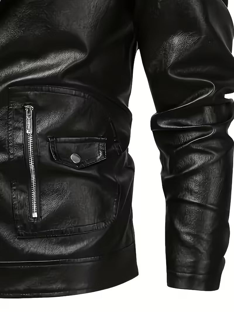 Men’s Black Leather Motorcycle Jacket – Windproof Full-Zip Biker Coat
