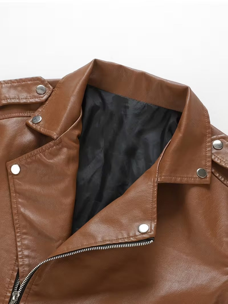 Men’s Black Leather Motorcycle Jacket – Windproof Full-Zip Biker Coat