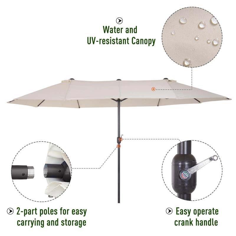 15 FT Double-Sided Outdoor Patio Umbrella with Crank, Extra Large 12 Ribs Steel Market Umbrella for Poolside, Deck & Backyard