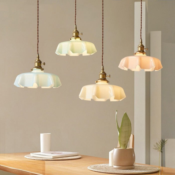 Retro Glass Flower Pendant Light Fixture - Cream Hanging Lamp for Living Room & Dining Room Decor