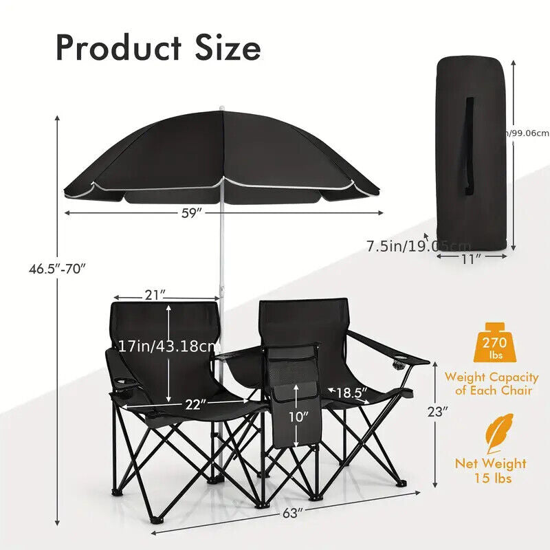 Portable Double Chair with Umbrella, Table, and Cooler