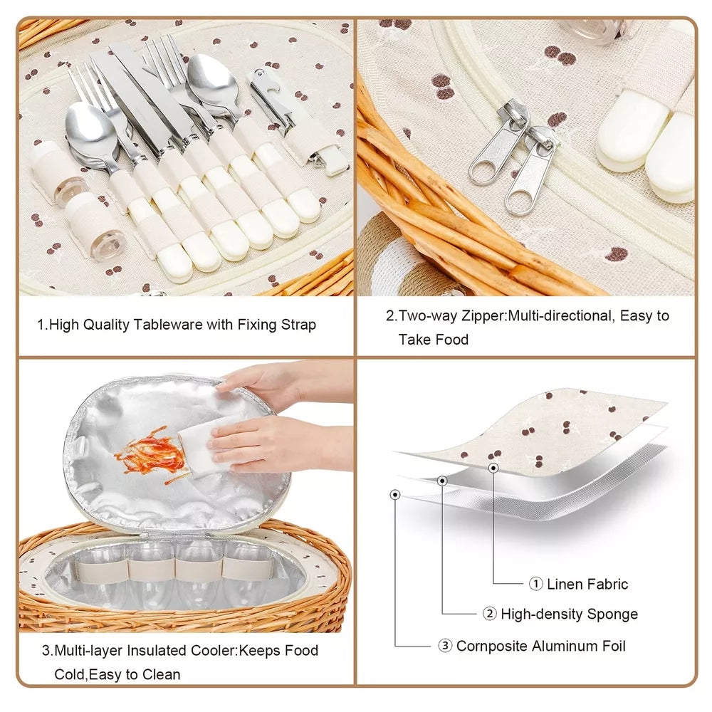 Outdoor Dining Picnic Basket for 2 with Insulated Cooler and Folding Table