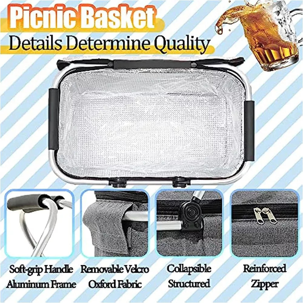 Folding Picnic Basket with Insulated Cooler to Keep Food Fresh Anywhere