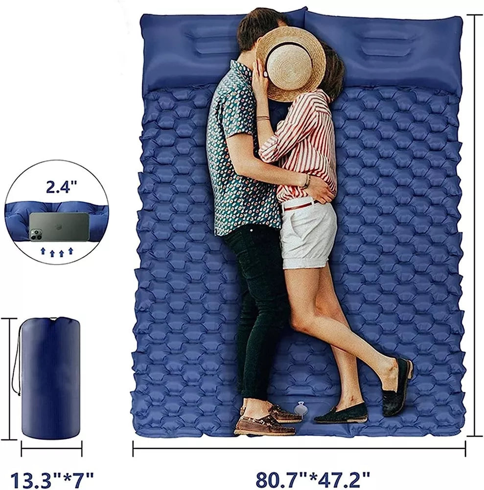 Double Camping Sleeping Pad with Built-in Foot Pump and Pillow
